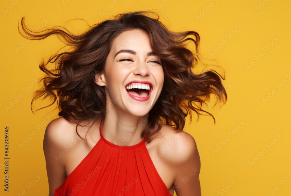 Happy woman smiling on a yellow background