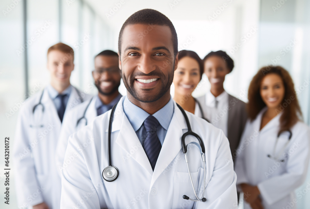 Portrait of a black doctor standing in front of other doctors Portrait of a black doctor standing in front of other doctors