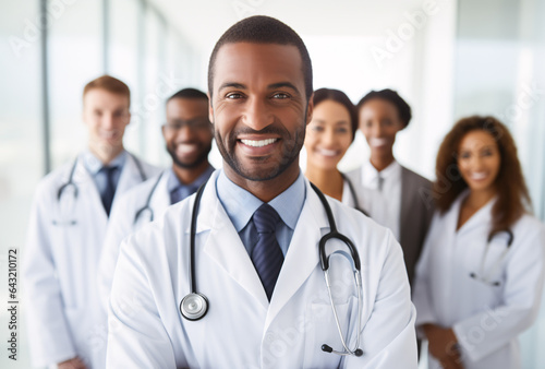Portrait of a black doctor standing in front of other doctors