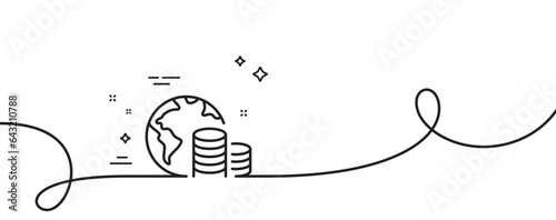 World budget line icon. Continuous one line with curl. Internet financial trade sign. Global economy symbol. Budget single outline ribbon. Loop curve pattern. Vector