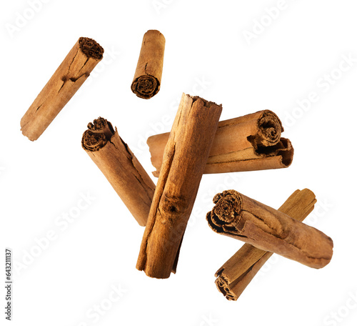 Fresh dried raw Cinnamon stick falling in the air