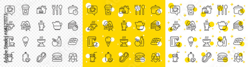 Outline Bread, Ice cream and Food delivery line icons pack for web with Burger, Coffee, Latte line icon. Coffee machine, Peanut, Food pictogram icon. Grill, Cocktail, Refill water. Vector