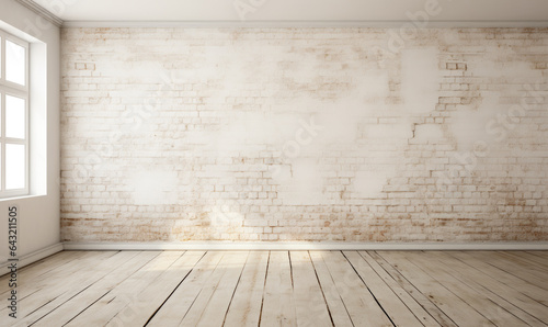 Spacious loft-inspired chamber featuring a generous window. Contemporary decor with wooden flooring and exposed brick walls