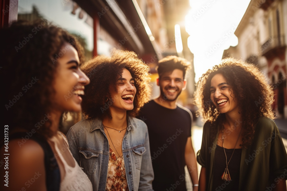 Lifestyle and friendship concept. Multi ethnic guys and girls spending time together. Happy life style friendship concept. Young multicultural people having fun time together in city. Generative AI - obrazy, fototapety, plakaty 