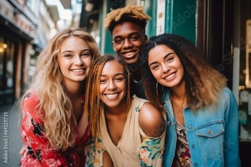 Lifestyle and friendship concept. Multi ethnic guys and girls spending time together. Happy life style friendship concept. Young multicultural people having fun time together in city. Generative AI