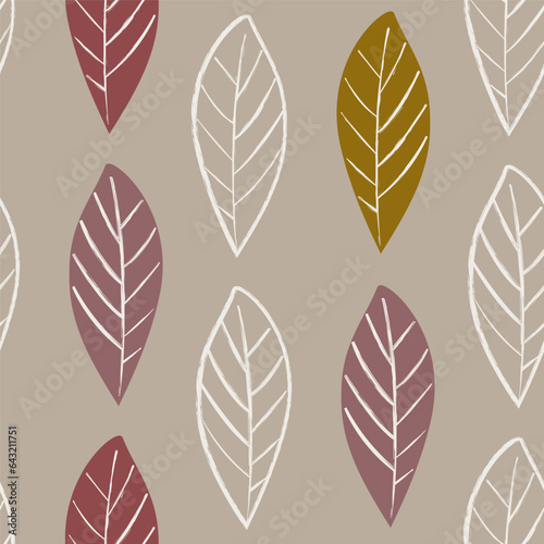 Vertical seamless pattern of simple line contour stylized leaves. Modern pattern in earthy colors on a light gray background. Geometric repeat print for wallpaper  home textile  curtains  fabric.