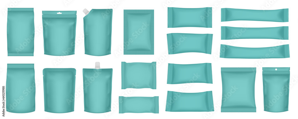 Set of realistic pouch mockups. Mint green flow pack, sachet, zip bag and doypack. Ice cream wrapper. Sheet mask sachet. Soap or wet wipes packaging. Sugar stick