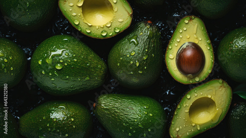 Ripe green avocado with waterdrops photo