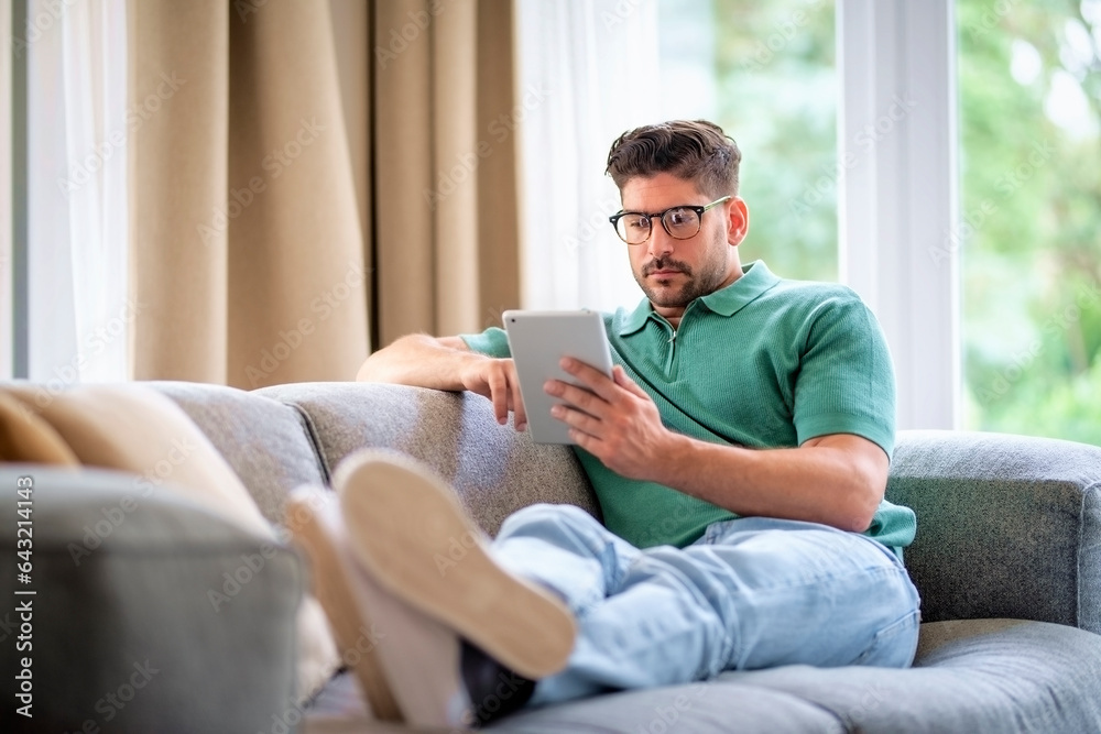 Full length of a mid aged man sitting on the couch at home and using digital tablet for work Full length of a mid aged man sitting on the couch at home and using digital tablet for work