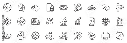 Icons pack as Refresh, Electricity and Quick tips line icons for app include Image carousel, Magistrates court, Atom outline thin icon web set. Cloud sync, Magic wand. Refresh outline sign. Vector