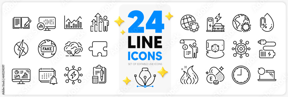 Icons set of Notification, Feedback and Report statistics line icons pack for app with Co2 gas, Puzzle, Manual doc thin outline icon. Framework, Recovery laptop, Time pictogram. Vector Icons set of Notification, Feedback and Report statistics line icons pack for app with Co2 gas, Puzzle, Manual doc thin outline icon. Framework, Recovery laptop, Time pictogram. Vector