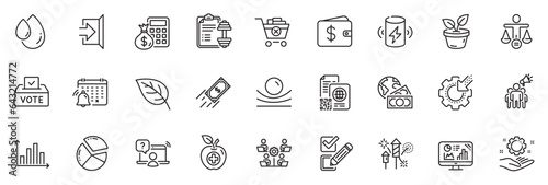 Icons pack as Vote box, Pie chart and Elastic material line icons for app include Exit, Oil drop, Fast payment outline thin icon web set. Global business, Charge battery, Ethics pictogram. Vector