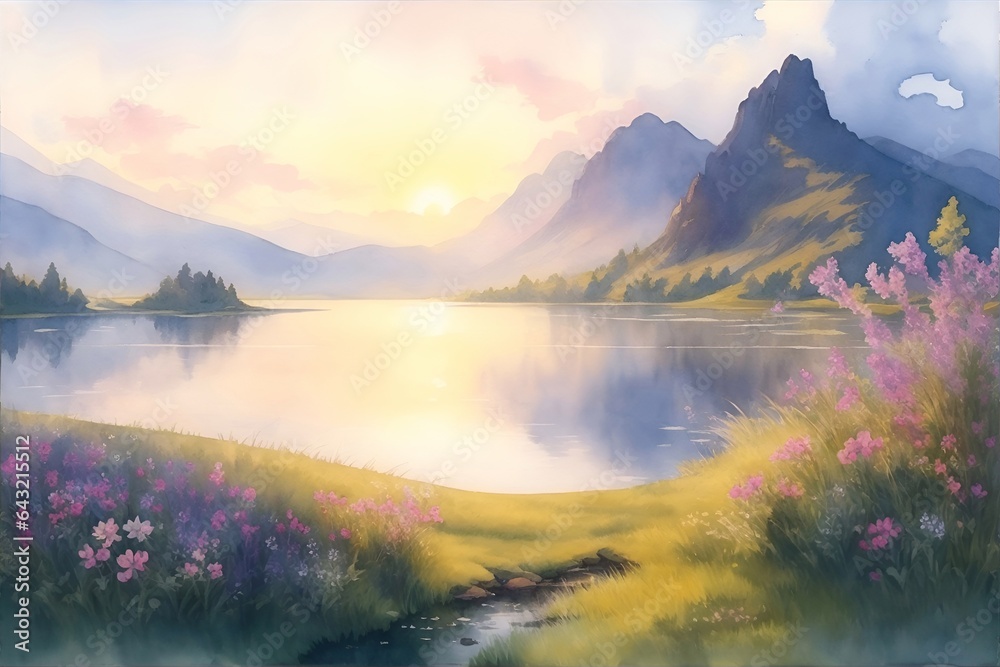 Morning sunset on the higland lake. AI generated illustration