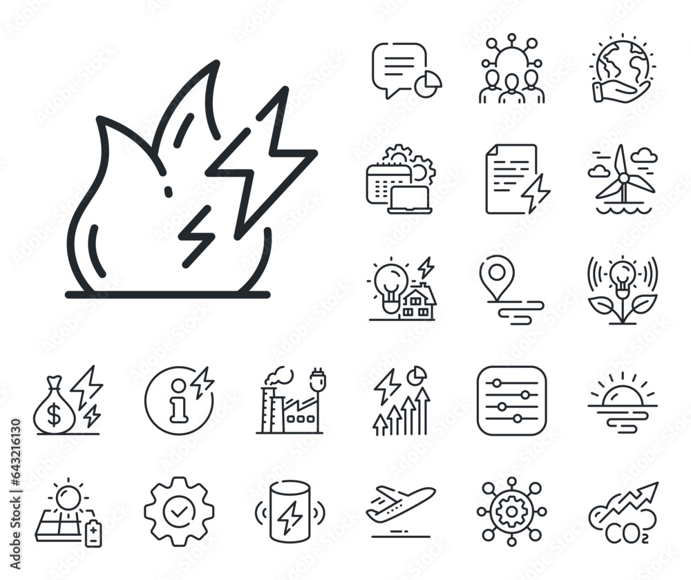 Flame power sign. Energy, Co2 exhaust and solar panel outline icons. Fire energy line icon. Lightning bolt symbol. Fire energy line sign. Eco electric or wind power icon. Green planet. Vector