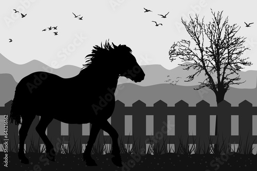 Horse silhouette by wooden fence. Steed on meadow with paddock. Rustic countryside country farm background design. Farm animals concept. Stock vector illustration