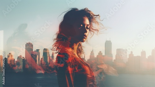 woman,head,  silhouette, city, double exposure art, skyscraper, high quality, 16:9