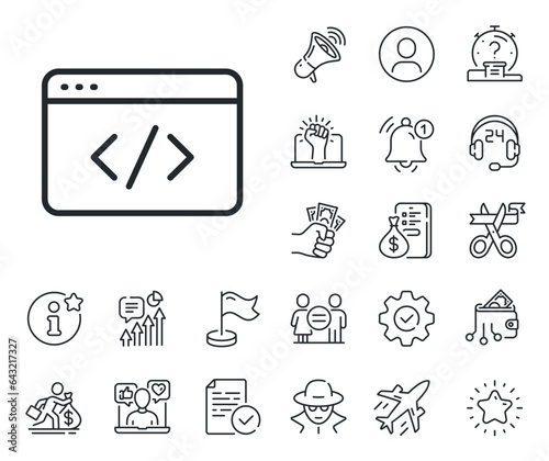 Web programming sign. Salaryman, gender equality and alert bell outline icons. Seo script line icon. Traffic management symbol. Seo script line sign. Spy or profile placeholder icon. Vector