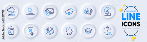 Qr code, Vaccination passport and Computer mouse line icons for web app. Pack of Web3, Delivery insurance, Graduation cap pictogram icons. Vitamin h1, Stress, Timer signs. Sun protection. Vector