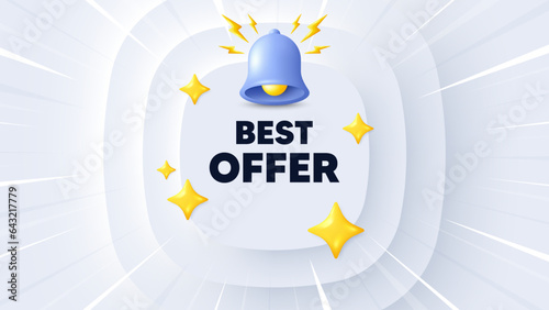 Best offer tag. Neumorphic banner with sunburst. Special price Sale sign. Advertising Discounts symbol. Best offer message. Banner with 3d bell. Circular neumorphic template. Vector