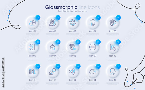 Set of Medical prescription, Blood and saliva test and Face search line icons for web app. Medical tablet, Coronavirus, Stop stress icons. Shield, Thermometer, Covid virus signs. Vector