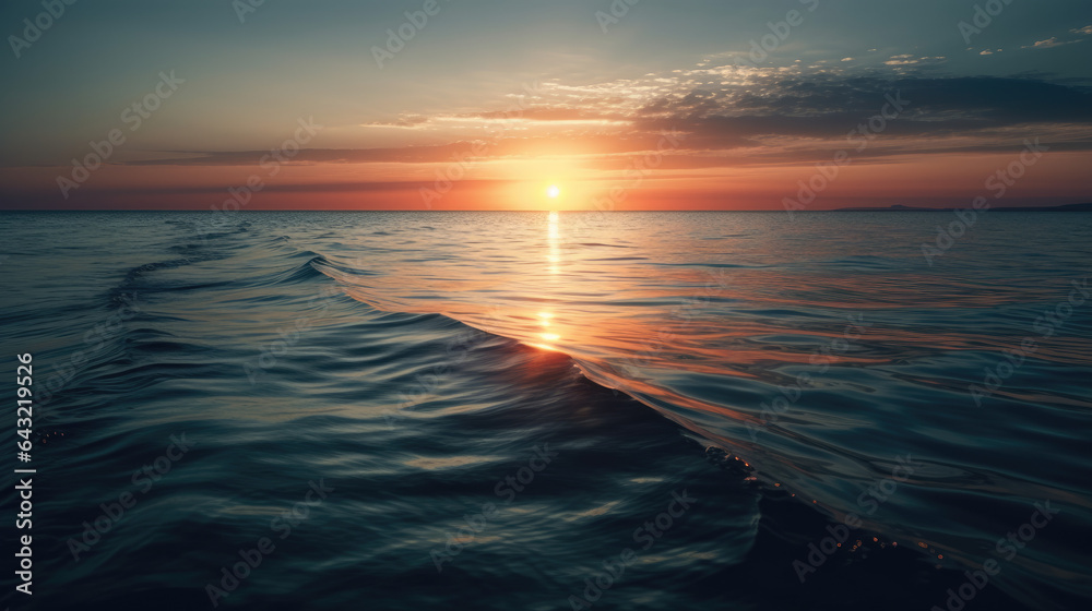 Spectacular abstract image of a scenic calm ocean, sunrise sky reflecting in the water. Sunset and natural.