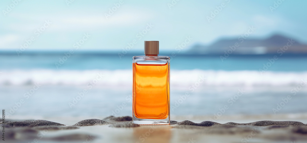 On the seashore an orange travel cosmetics bottle On the seashore an orange travel cosmetics bottle