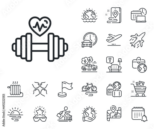 Workout equipment sign. Plane jet, travel map and baggage claim outline icons. Dumbbell with heartbeat line icon. Cardio Gym fit symbol. Dumbbell line sign. Car rental, taxi transport icon. Vector