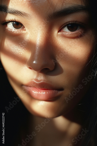 Extreme close up of asian woman with striking eyes and pouty lips.Face of beautiful caucasian woman. interplay of light and shadow. Dramatic composition. High quality photo