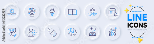 Book, Delete user and Capsule pill line icons for web app. Pack of Business statistics, Quiz test, No sun pictogram icons. Pay, Fake information, Calendar signs. Ice cream, Pets care, Journey. Vector