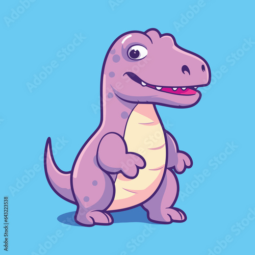 blue dinosaur with a big smile on its face, standing on its hind legs and holding its arms out to its sides. The dinosaur has sharp teeth and a long tail. The background is blue. © Sabiqul Fahmi