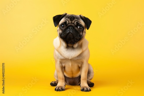 Funny pug dog sitting on yellow background . Happy funny pug . Copy space