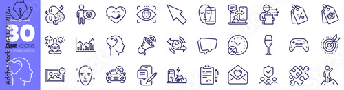 Face biometrics, Friend and Sale tag line icons pack. Discount tags, Love letter, Electric bike web icon. Loan percent, Megaphone, Gamepad pictogram. Remove image, Vitamin u, Food delivery. Vector