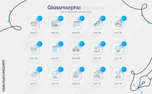 Set of Yoga, Bike courier and Cardio training line icons for web app. Fisherman, Training results, Fitness calendar icons. Bike app, Winner podium, Ole chant signs. Award cup, Success. Vector