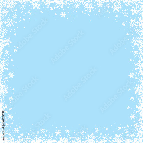 Blue Christmas background with  square frame of white snowflakes. Merry Christmas and Happy New Year greeting banner. Horizontal new year background, headers, posters, cards, website. Vector 