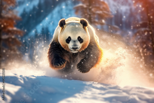 Panda running in the winter snow.