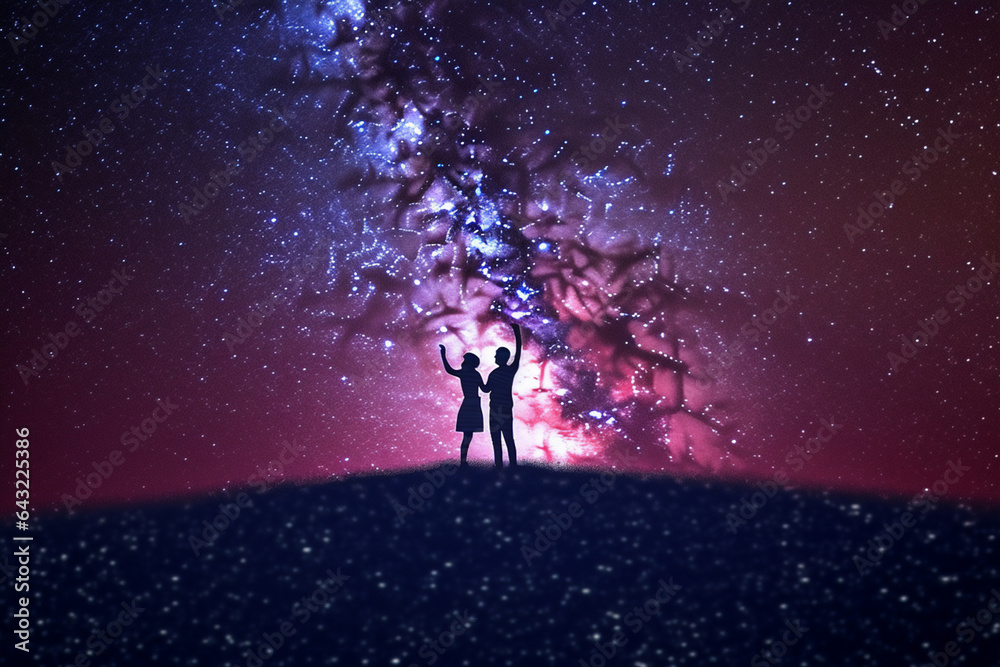 Silhouette of a Romantic couple Dancing on top of mountain and looking at starry sky.
