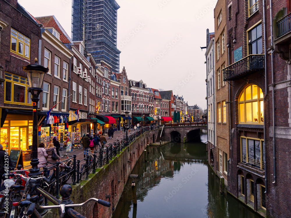 Beautiful canals cityscape in cloudy winter evening, Utrecht, Netherlands