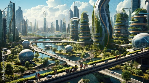 an futuristic city with lots of green trees and people walking on the street in front of them, surrounded by tall skyscrapers © Golib Tolibov