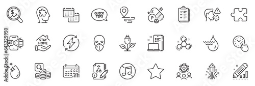 Icons pack as Calendar graph, Calendar and Star line icons for app include Eco power, Device, Water drop outline thin icon web set. Place, Currency audit, Phosphorus mineral pictogram. Vector