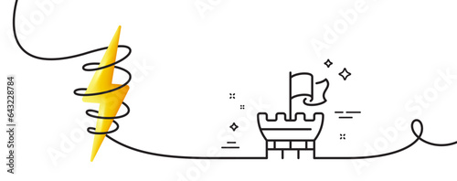 Tower line icon. Continuous one line with curl. Castle flag sign. Safe defence symbol. Shield single outline ribbon. Loop curve with energy. Vector