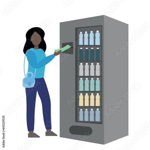 A dark-skinned woman with a banknote in her hand stands near a drink machine, in motion, flat vector isolated on white, faceless illustration