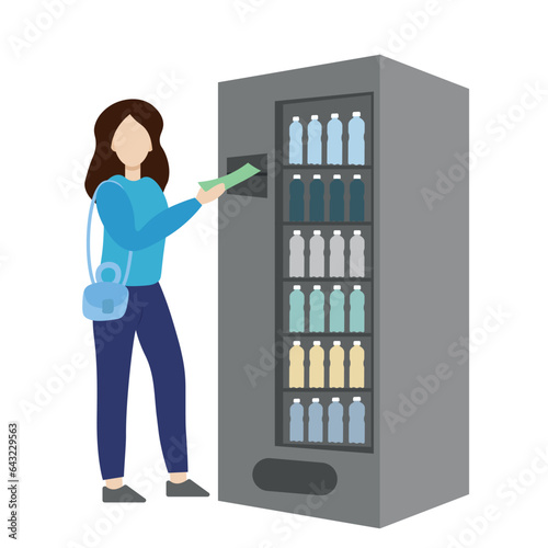 A girl with a banknote in her hand stands near a drink machine, in motion, flat vector, isolated on white, faceless illustration