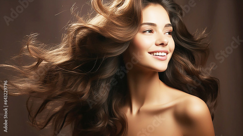 Beauty model woman with beautiful make up and curly hair style over holiday dark background with magic glow.