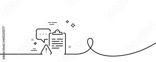 Clipboard document line icon. Continuous one line with curl. Attention task sign. Survey caution symbol. Clipboard single outline ribbon. Loop curve pattern. Vector