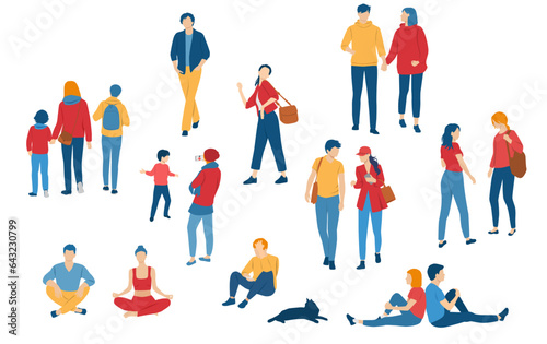 Men, women, teenagers and children standing, walking, sitting, different colors, cartoon character, group  silhouettes rest people, students, design concept of flat icon, isolated on white background