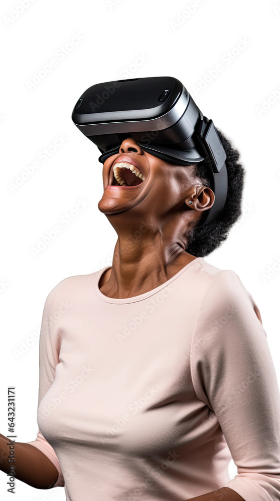 a middle aged african american woman using a vr virtual reality headset isolated on a transparent background, generative ai a middle aged african american woman using a vr virtual reality headset isolated on a transparent background, generative ai
