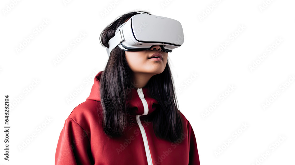 a teenage asian girl using a vr virtual reality headset isolated on a transparent background, generative ai a teenage asian girl using a vr virtual reality headset isolated on a transparent background, generative ai