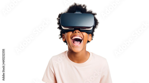 a young african american boy using a vr virtual reality headset isolated on a transparent background  generative ai