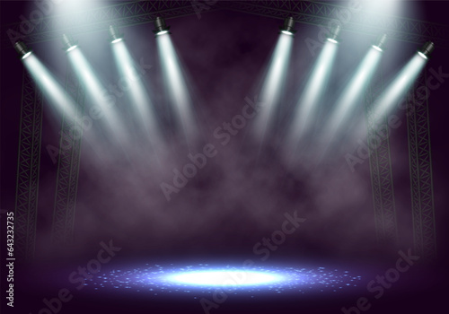Spotlights. Scene for presentation illuminated by spotlights with smoke. Vector illustration.
