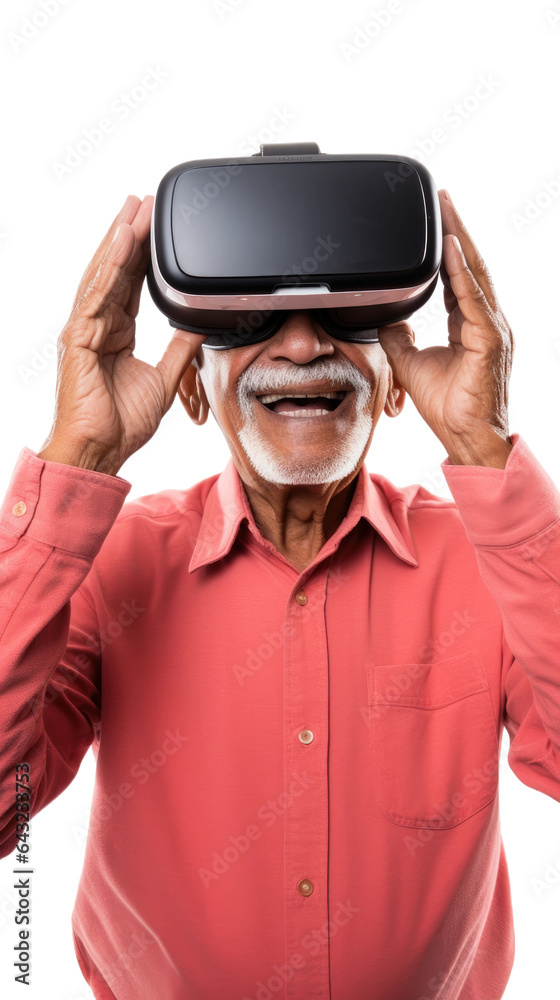 an elderly hispanic man using a vr virtual reality headset isolated on a transparent background, generative ai an elderly hispanic man using a vr virtual reality headset isolated on a transparent background, generative ai